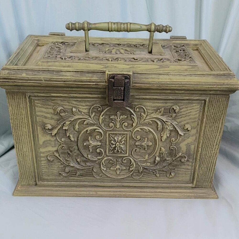 Vintage Max Klein Inc. SC-1280 Plastic Wood Look Sewing Box Avocado 1960's